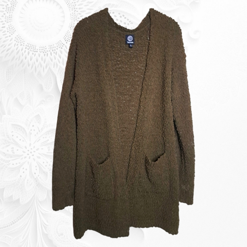 Bobeau Green Popcorn‎ Cardigan With Front Patch Pockets